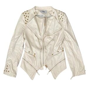 Women's Small White Faux Leather Jacket‎ – Studded Moto Style Zip Up SX Vintage